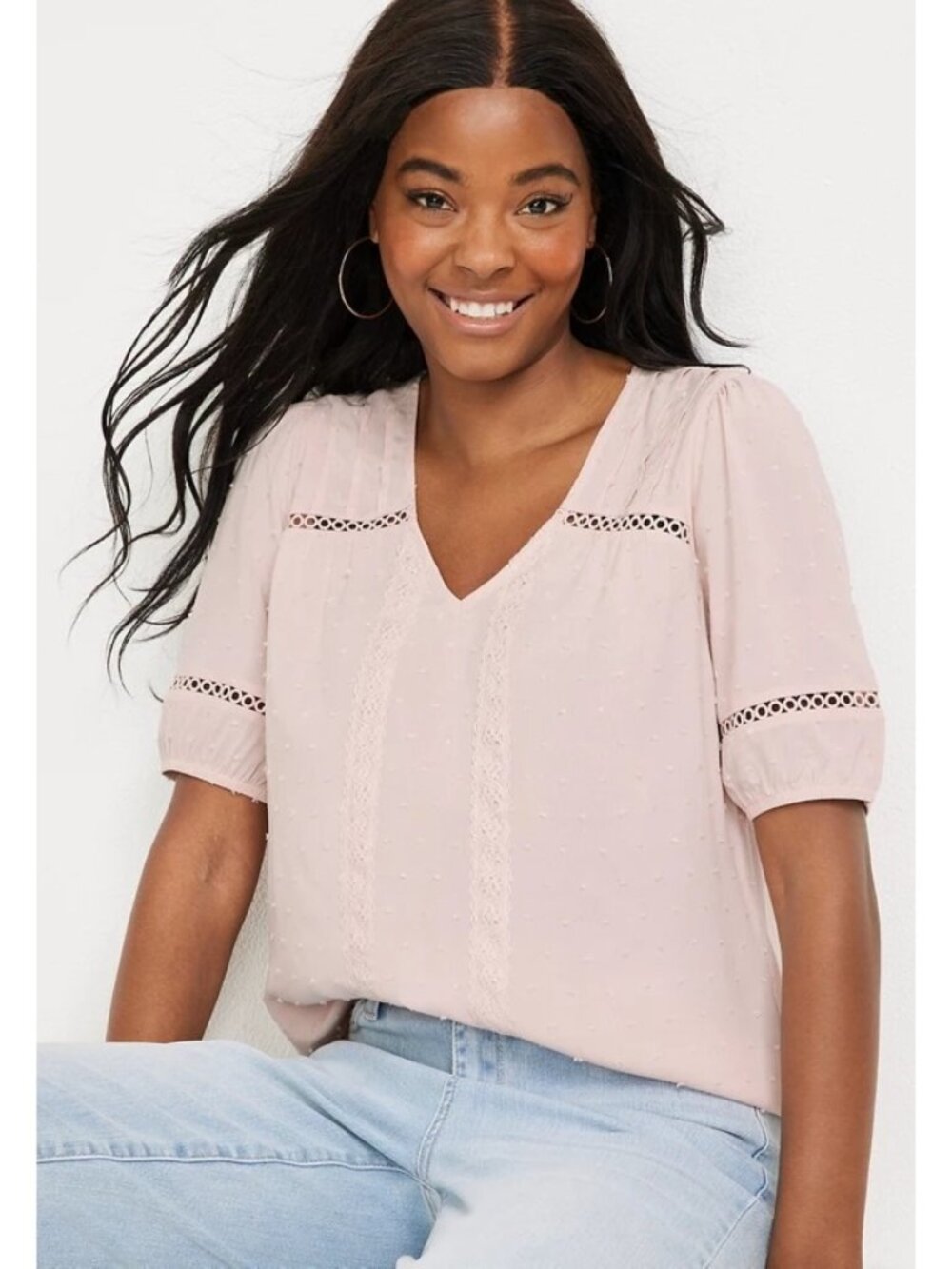 Maurices Blouse Size XL Crochet Lace Clip Dot Bubble Sleeve Top Textured Pink
